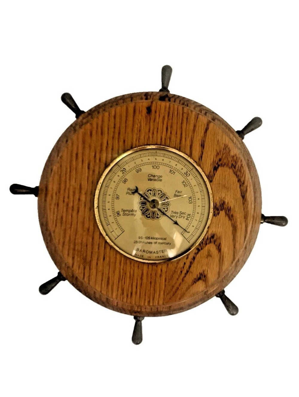 Vintage Baromaster Aneroid Barometer Ships Wheel Wooden Nautical Weather Station